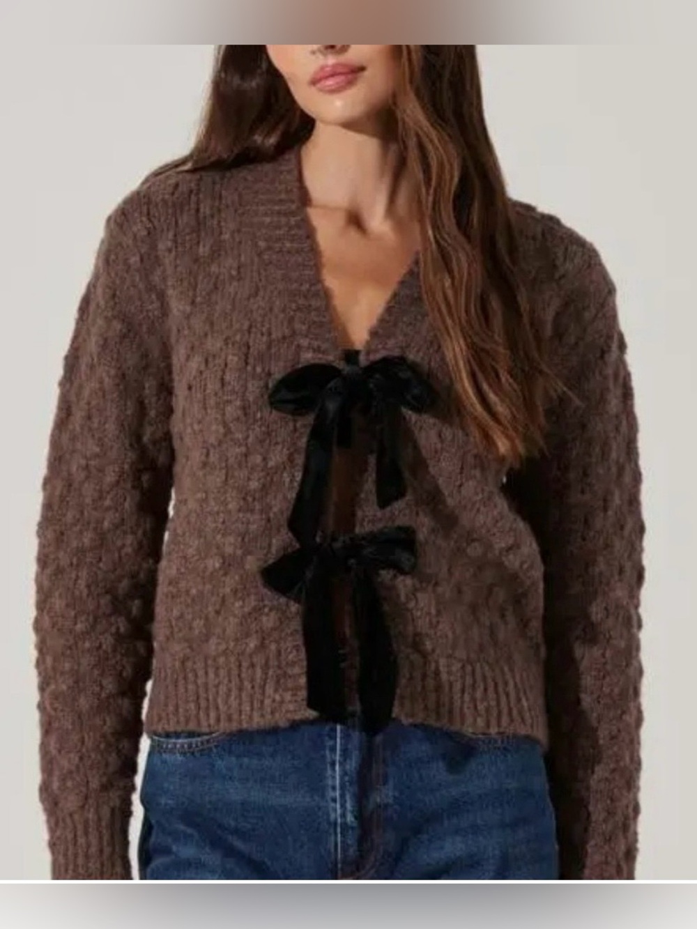 NWT ASTR The Label Brown Cardigan with Black Velvet Bows Sz Medium
